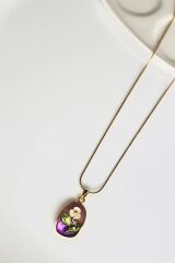 Vintage Çok Renkli Elips Beyaz Çiçek Motifli 3d Tablo Tasarım Kadın Çelik Kolye