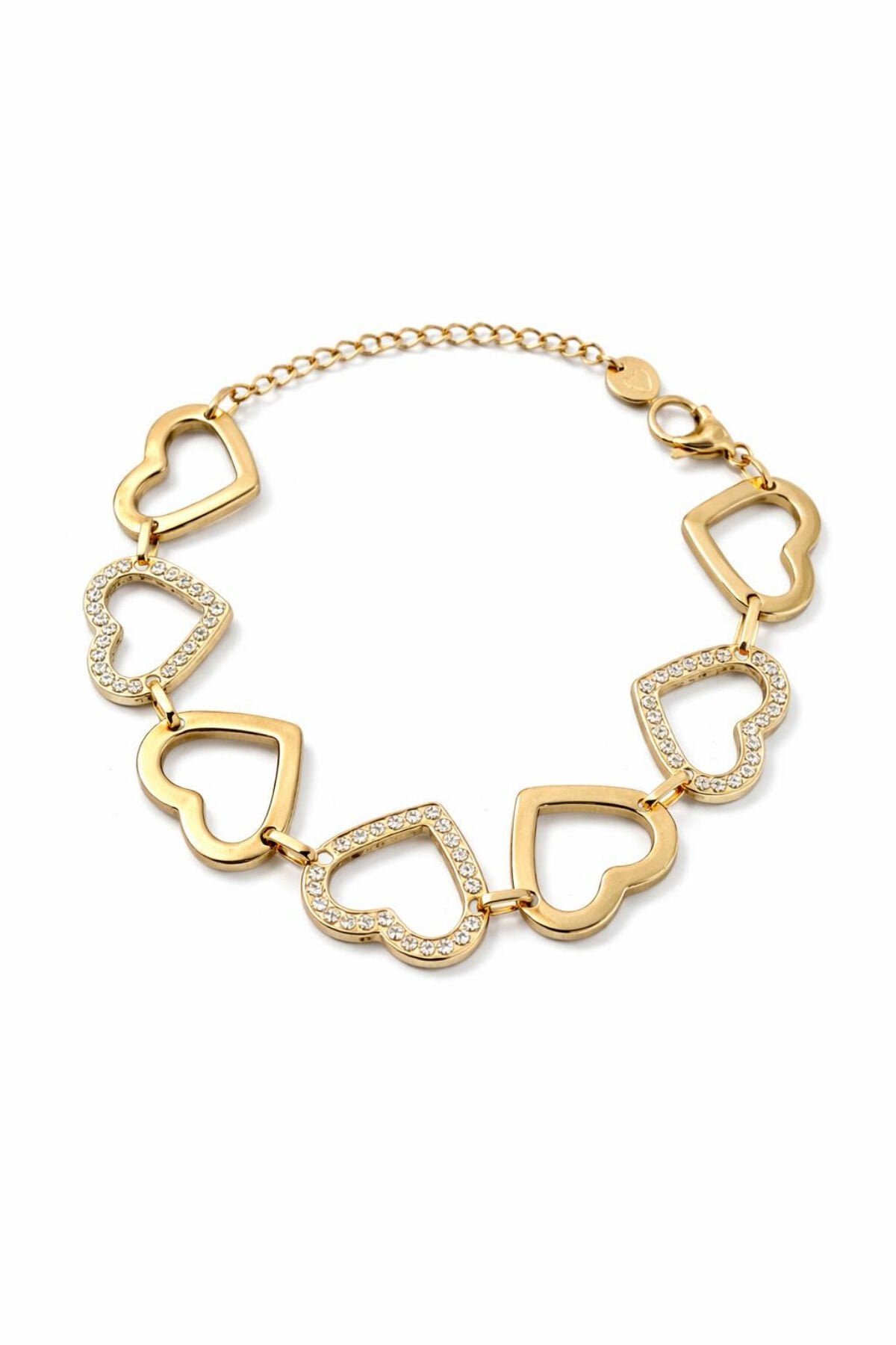 #Bileklik Gold Zirkon Taşlı Çelik Bileklik Kalp Tasarım Model Altın