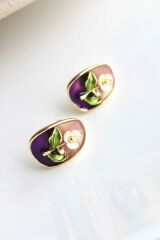 Vintage Çok Renkli Elips Beyaz Çiçek Motifli 3d Tablo Tasarım Kadın Çelik Küpe