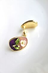 Vintage Çok Renkli Elips Beyaz Çiçek Motifli 3d Tablo Tasarım Kadın Çelik Küpe