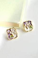 Vintage Kare Burgu Kenarlı Mor Çiçek Motifli 3d Tablo Tasarım Kadın Çelik Küpe