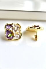 Vintage Kare Burgu Kenarlı Mor Çiçek Motifli 3d Tablo Tasarım Kadın Çelik Küpe