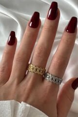 Exclusive Seri Ayarlanabilir Paslanmaz Kararmaz Taşlı Zincir Model Tasarım Kadın Çelik Yüzük