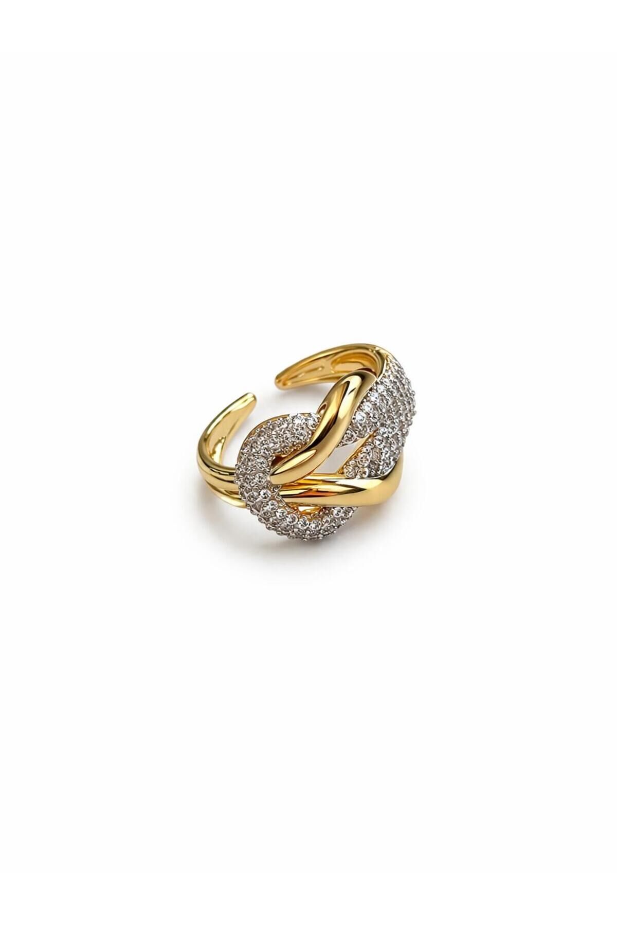 V.I.P Çift Renk Seri Zirkon Taşlı Düğüm Tasarım Gold & Silver Ayarlanabilir Kadın Çelik Yüzük