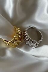 Yeni Seri Cilalı Kırışık Asimetrik Bombeli Tasarım Günlük Ayarlanabilir Kadın Çelik Yüzük