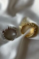 Yeni Seri Cilalı Kırışık Asimetrik Bombeli Tasarım Günlük Ayarlanabilir Kadın Çelik Yüzük