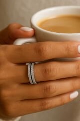 Özel Seri İkili İnce Yarım Tur Zirkon Taşlı Tasarım Model Kadın Çelik Yüzük