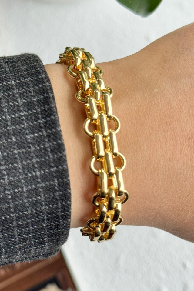 Premium Seri Çift Sıra Chainy Tasarım Kararmaz Renk Atmaz Kadın Çelik Bileklik Gold