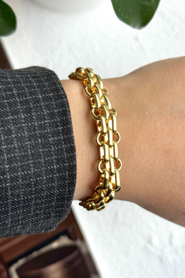 Premium Seri Çift Sıra Chainy Tasarım Kararmaz Renk Atmaz Kadın Çelik Bileklik Gold