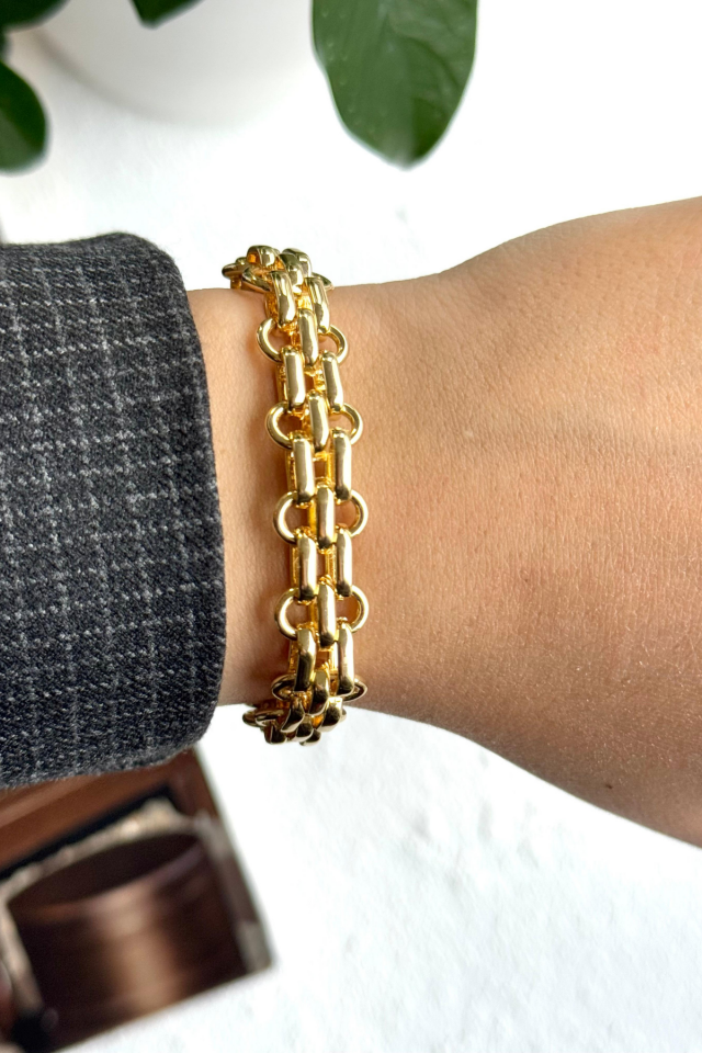 Premium Seri Çift Sıra Chainy Tasarım Kararmaz Renk Atmaz Kadın Çelik Bileklik Gold