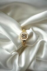 Premium İthal Seri Sekizgen Zirkon Taşlı Tek Taş Ayarlanabilir Tasarım Kadın Çelik Yüzük