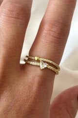 İthal Seri İkili Full Zirkon Taşlı Kalp Tasarım Yarım Tur Ayarlanabilir Kadın Çelik Yüzük