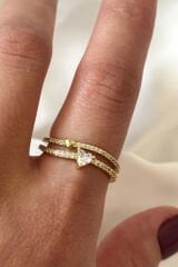 İthal Seri İkili Full Zirkon Taşlı Kalp Tasarım Yarım Tur Ayarlanabilir Kadın Çelik Yüzük