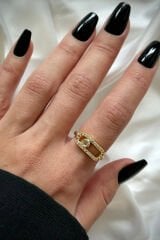 Elips Zirkon Taş Çerçeve Minimal Tek Taş Boncuk Kenar Detaylı Tasarım Kadın Çelik Yüzük