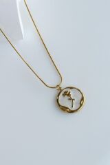 Premium Seri Plaka Sedefli Çiçek Gül Model 316 L Paslanmaz Kararmaz Kadın Çelik Kolye