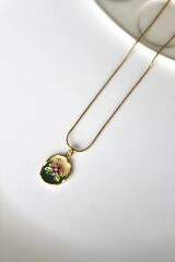 Vintage Pembe Çiçek Motifli 3d Tablo Tasarım Kadın Çelik Kolye