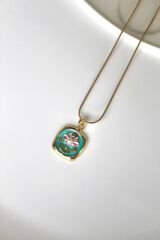 İncili Kare Pembe Lotus Çiçeği Motifli Kabartma Manzara Tasarım Kadın Çelik Kolye