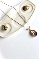 Vintage Çok Renkli Elips Beyaz Çiçek Motifli 3d Tablo Tasarım Kadın Çelik Kolye