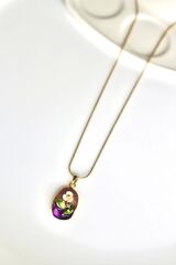 Vintage Çok Renkli Elips Beyaz Çiçek Motifli 3d Tablo Tasarım Kadın Çelik Kolye