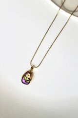 Vintage Çok Renkli Elips Beyaz Çiçek Motifli 3d Tablo Tasarım Kadın Çelik Kolye