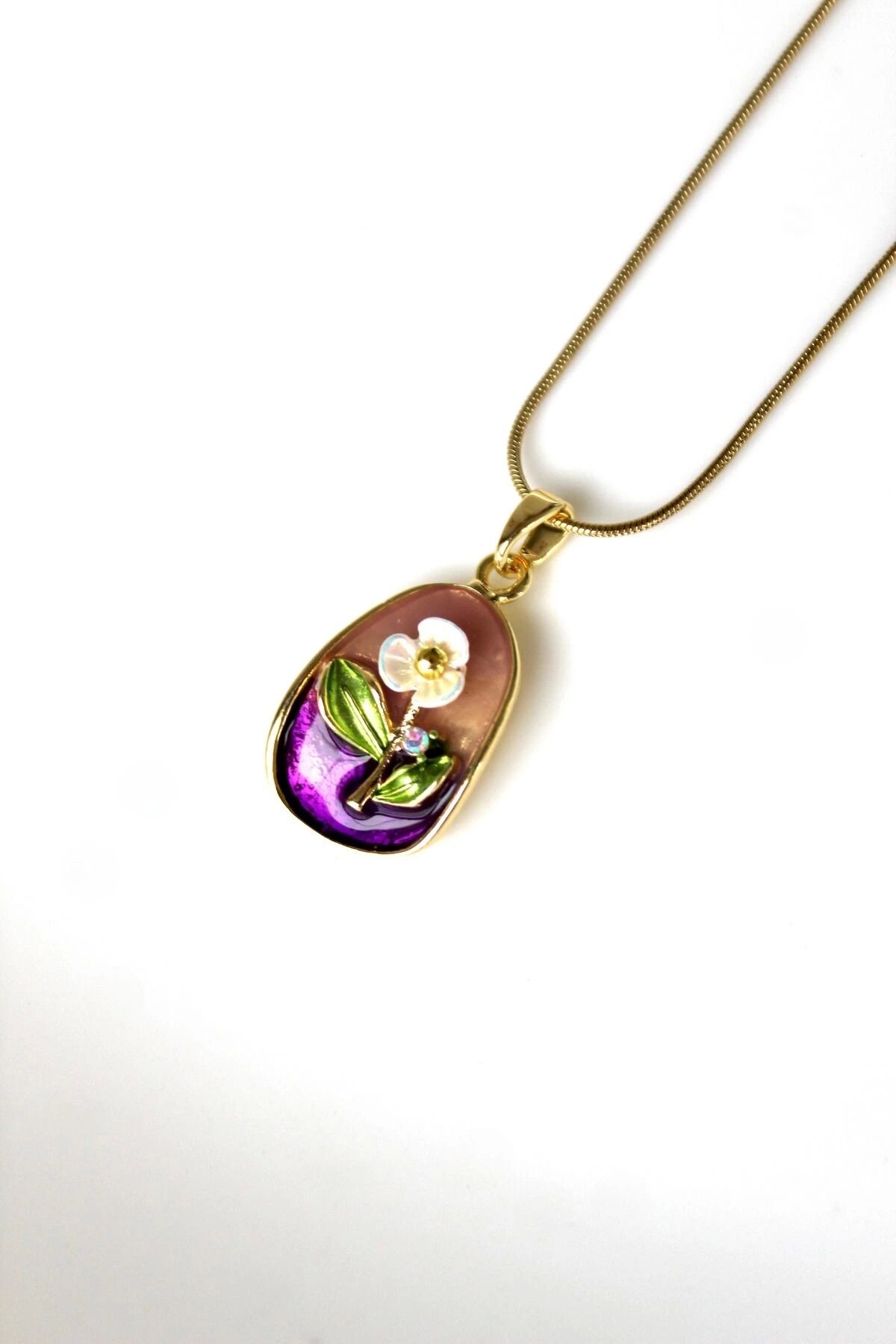 Vintage Çok Renkli Elips Beyaz Çiçek Motifli 3d Tablo Tasarım Kadın Çelik Kolye