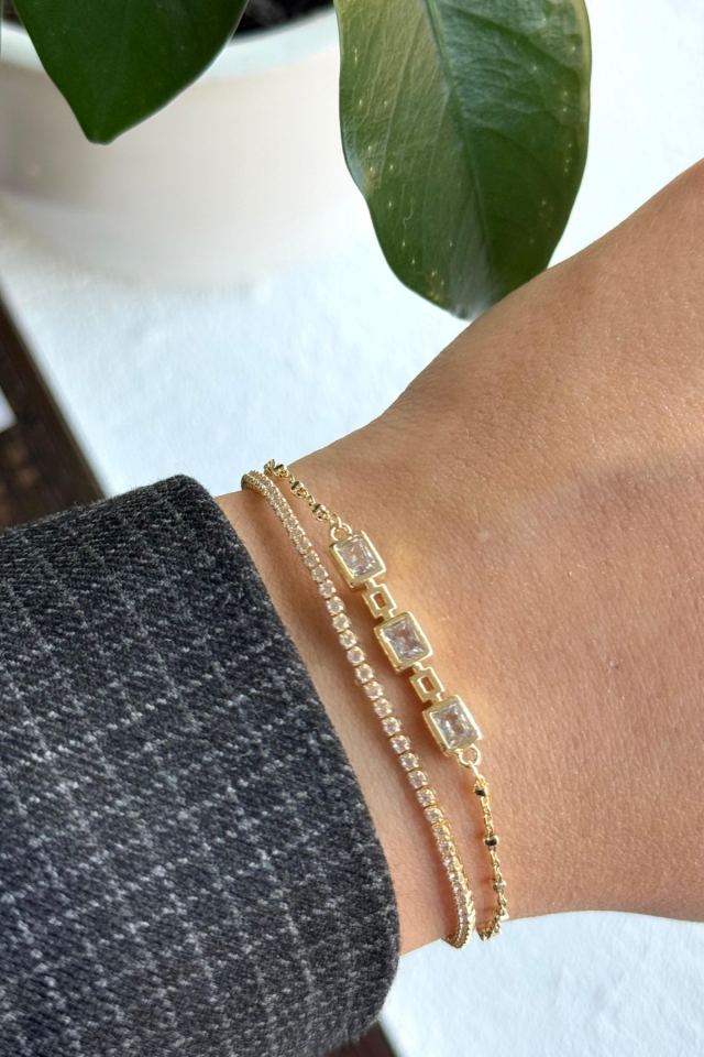 Yeni Sezon Çift Sıra Zincirli Baget Taşlı Su Yolu Renk Atmaz Kararmaz Garantili Kadın Çelik Bileklik Gold