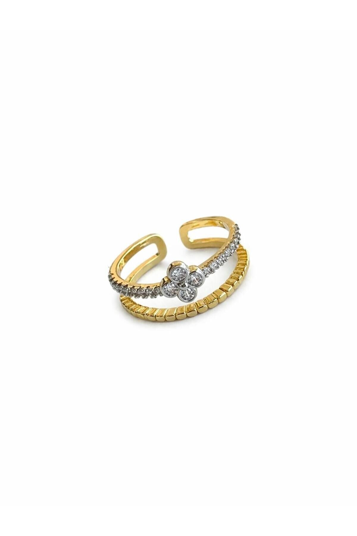 V.I.P Çift Renk Seri Zirkon Taşlı Yonca Detay İkili Set Gold&Silver Ayarlanabilir Kadın Çelik Yüzük
