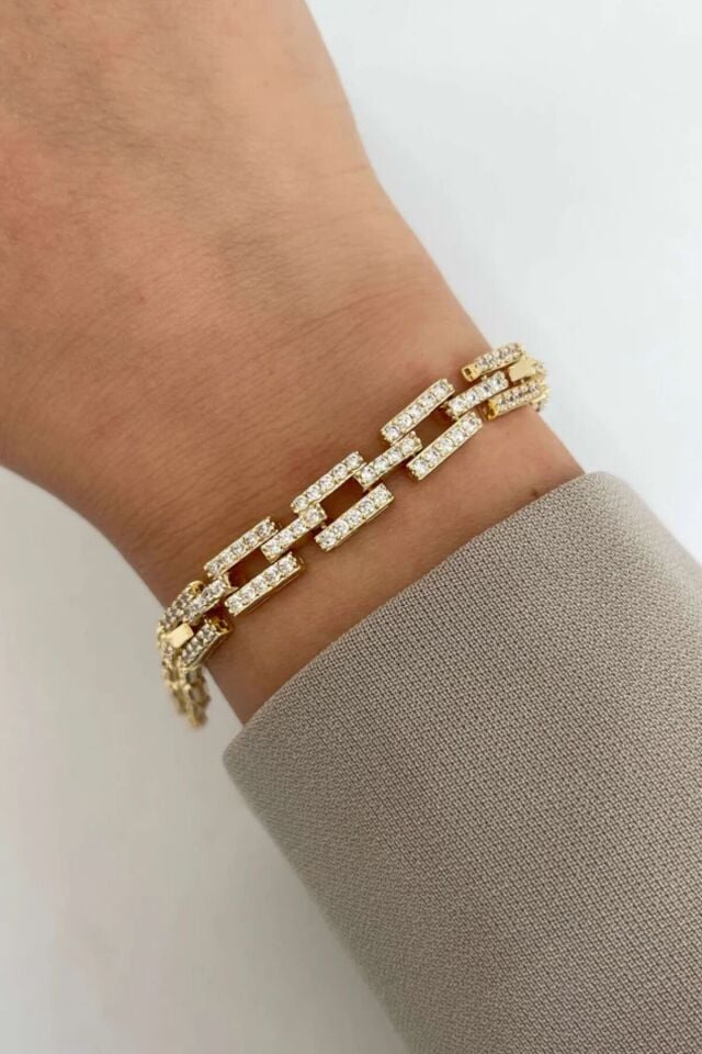 Golden Frame Kuyumcu İşçiliği 14K Altın Kaplama Premium Seri Kadın Çelik Bileklik Altın