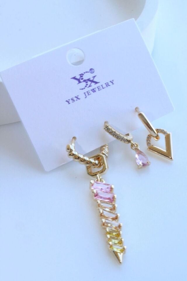 İthal Seri 3'lü Kombin Çok Renkli Zirkon Taşlı Sallantılı Kadın Çelik Küpe Gold