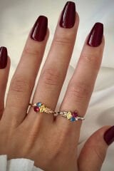 İthal Seri Renkli Zirkon Taşlı Zarif Tasarım Ayarlanabilir Kadın Çelik Yüzük