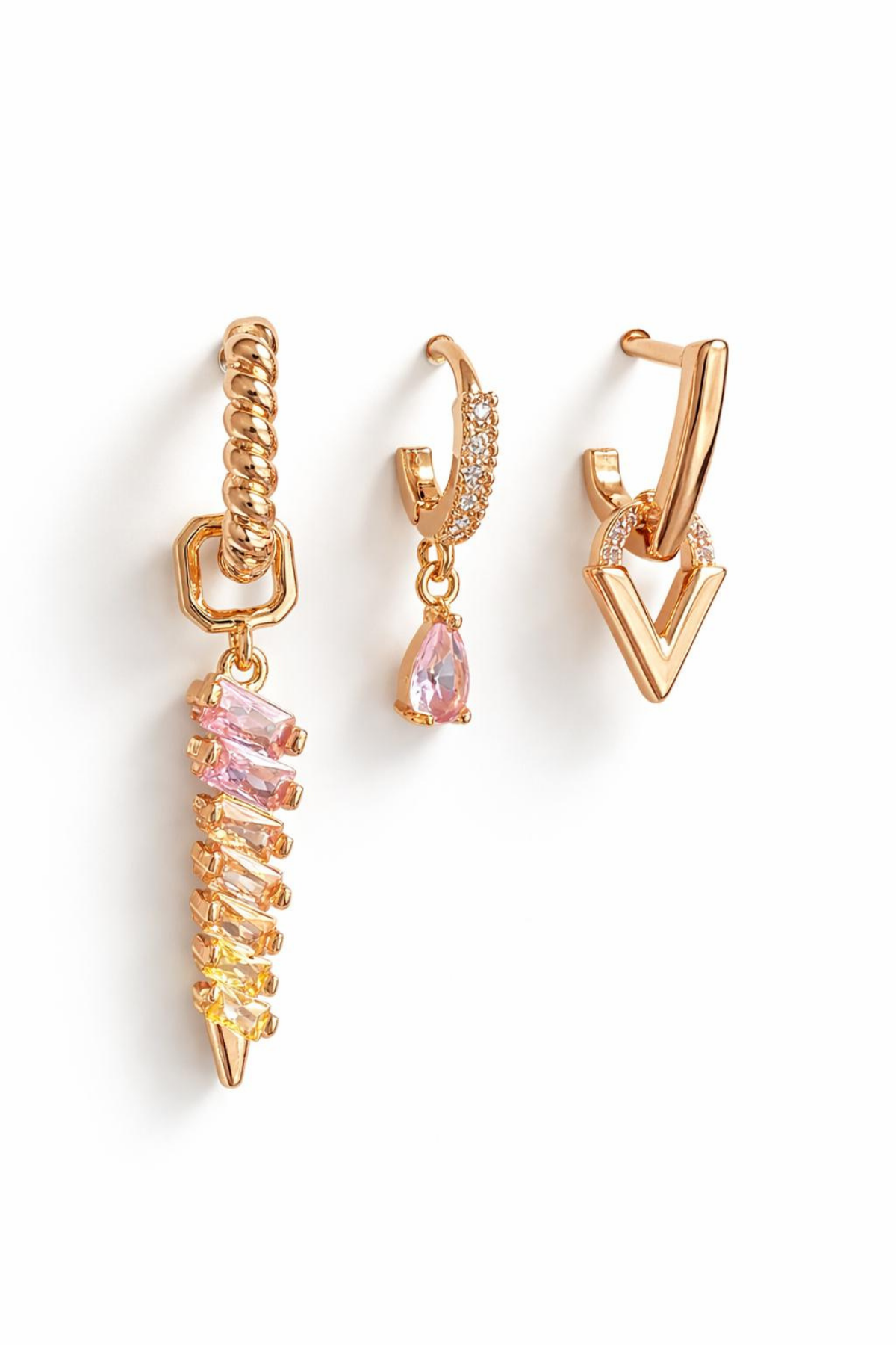 İthal Seri 3'lü Kombin Çok Renkli Zirkon Taşlı Sallantılı Kadın Çelik Küpe