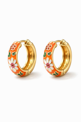 Mineli Renkli Çiçek Motifli Halka Tasarım Kararmaz Renk Atmaz Kadın Çelik Küpe