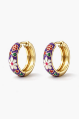 Mineli Renkli Çiçek Motifli Halka Tasarım Kararmaz Renk Atmaz Kadın Çelik Küpe