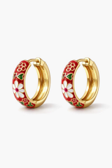 Mineli Renkli Çiçek Motifli Halka Tasarım Kararmaz Renk Atmaz Kadın Çelik Küpe