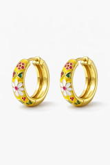 Mineli Renkli Çiçek Motifli Halka Tasarım Kararmaz Renk Atmaz Kadın Çelik Küpe