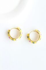 Mineli Renkli Çiçek Motifli Halka Tasarım Kararmaz Renk Atmaz Kadın Çelik Küpe