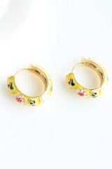 Mineli Renkli Çiçek Motifli Halka Tasarım Kararmaz Renk Atmaz Kadın Çelik Küpe