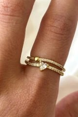 İthal Seri İkili Full Zirkon Taşlı Kalp Tasarım Yarım Tur Ayarlanabilir Kadın Çelik Yüzük