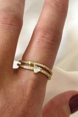 İthal Seri İkili Full Zirkon Taşlı Kalp Tasarım Yarım Tur Ayarlanabilir Kadın Çelik Yüzük