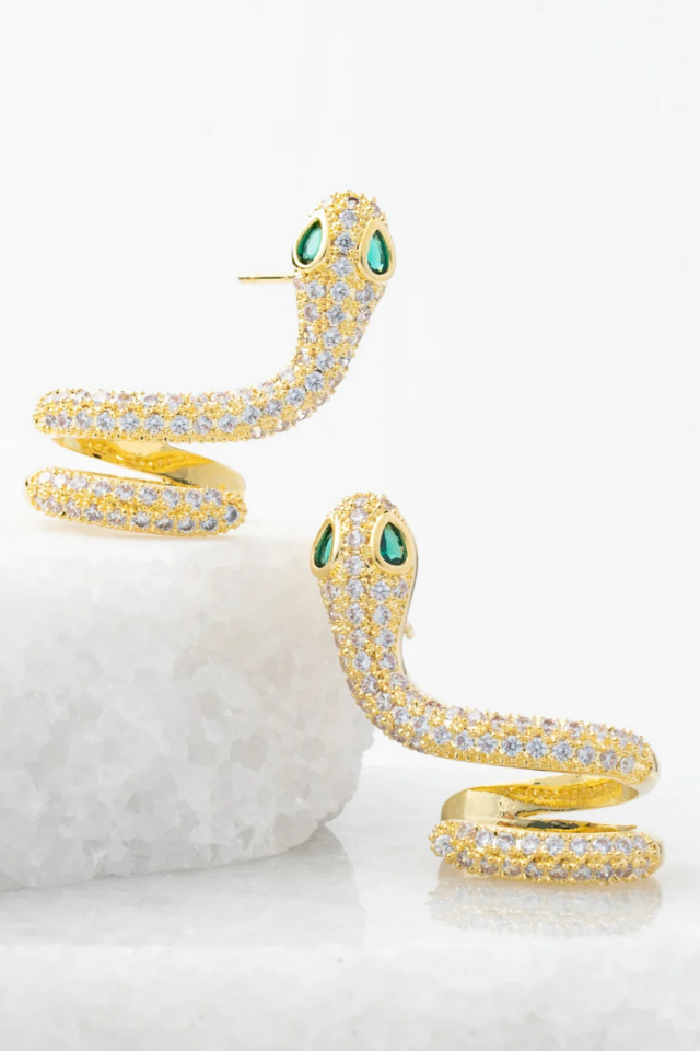 Zümrüt Zirkon Taşlı Earcuff Delikli Yılan Tasarım Kadın Çelik Küpe Gold