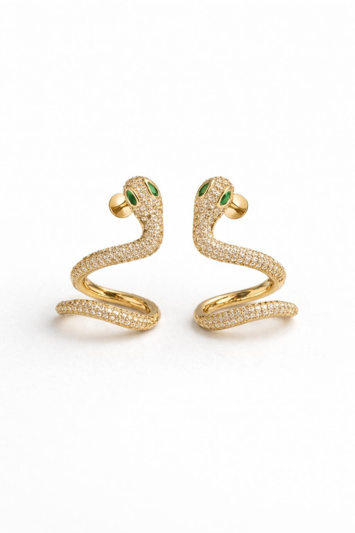 Zümrüt Zirkon Taşlı Earcuff Delikli Yılan Tasarım Kadın Çelik Küpe Gold