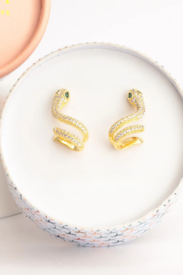 Zümrüt Zirkon Taşlı Earcuff Delikli Yılan Tasarım Kadın Çelik Küpe Gümüş