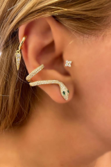 Zümrüt Zirkon Taşlı Earcuff Delikli Yılan Tasarım Kadın Çelik Küpe