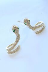 Zümrüt Zirkon Taşlı Earcuff Delikli Yılan Tasarım Kadın Çelik Küpe
