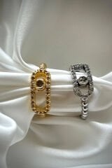 Elips Zirkon Taş Çerçeve Minimal Tek Taş Boncuk Kenar Detaylı Tasarım Kadın Çelik Yüzük