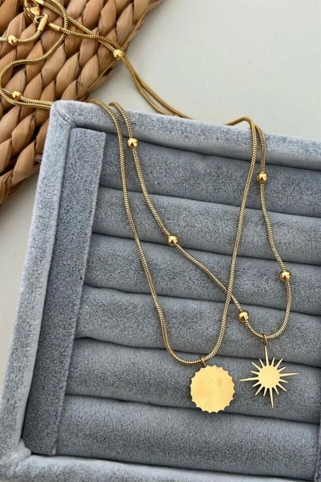 Premium Seri Kuzey Yıldızı Güneş Figürlü İtalyan Toplu Zincir Detaylı 45 Cm Kadın Çelik Kolye