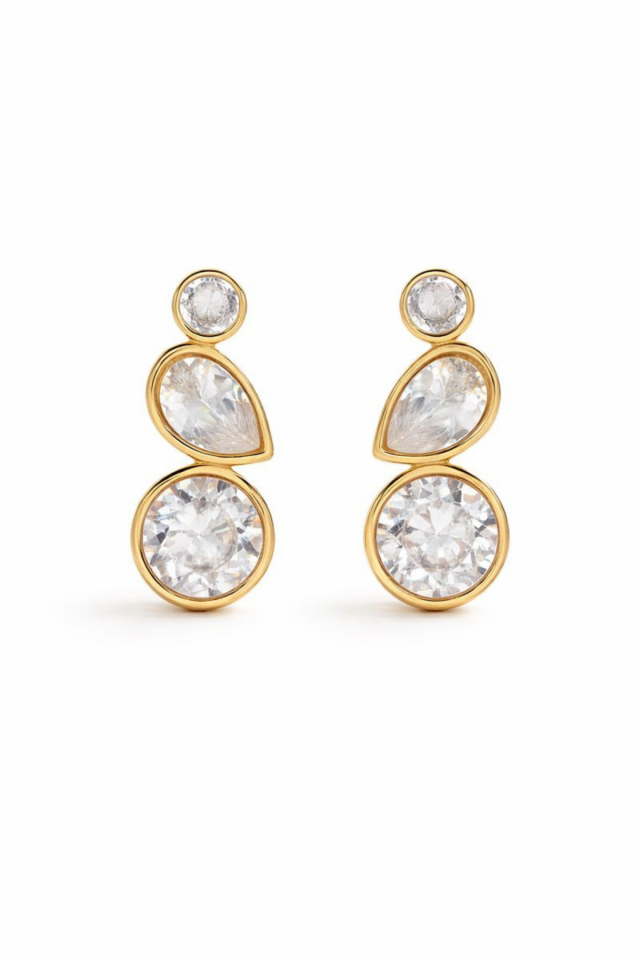 Premium Seri Crystal Cascade Tasarım Zirkon Taşlı Kadın Çelik Küpe Altın