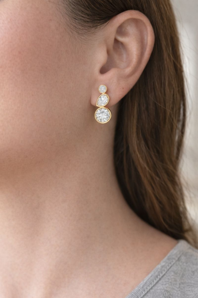Premium Seri Crystal Cascade Tasarım Zirkon Taşlı Kadın Çelik Küpe Altın