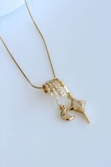 Yeni Sezon Zirkon Taşlı Ay Yıldız Motifli Kadın Çelik Kolye