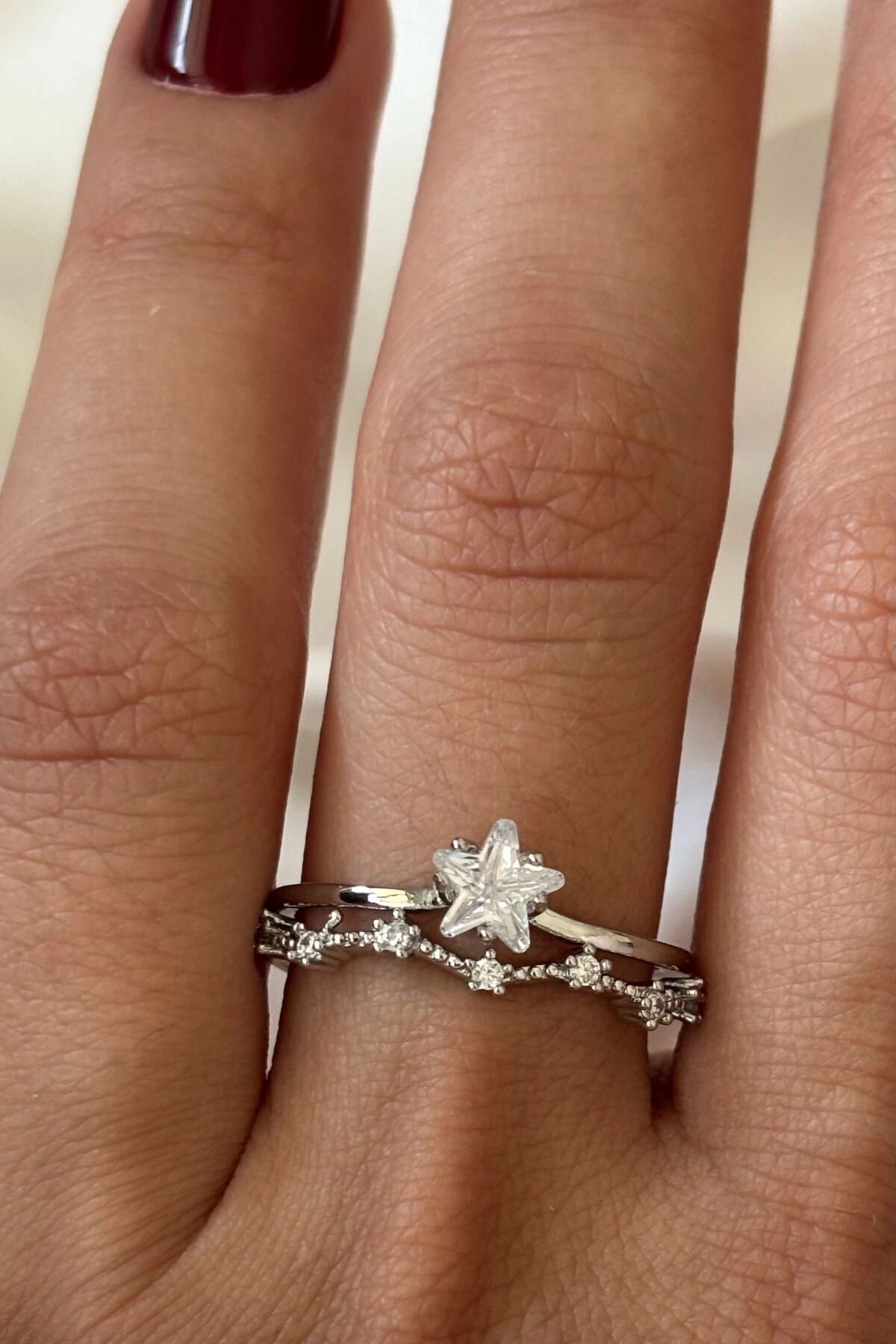 İthal Seri Zarif Zirkon Taşlı Yıldız Rüyası Tasarım Ayarlanabilir Kadın Çelik Yüzük